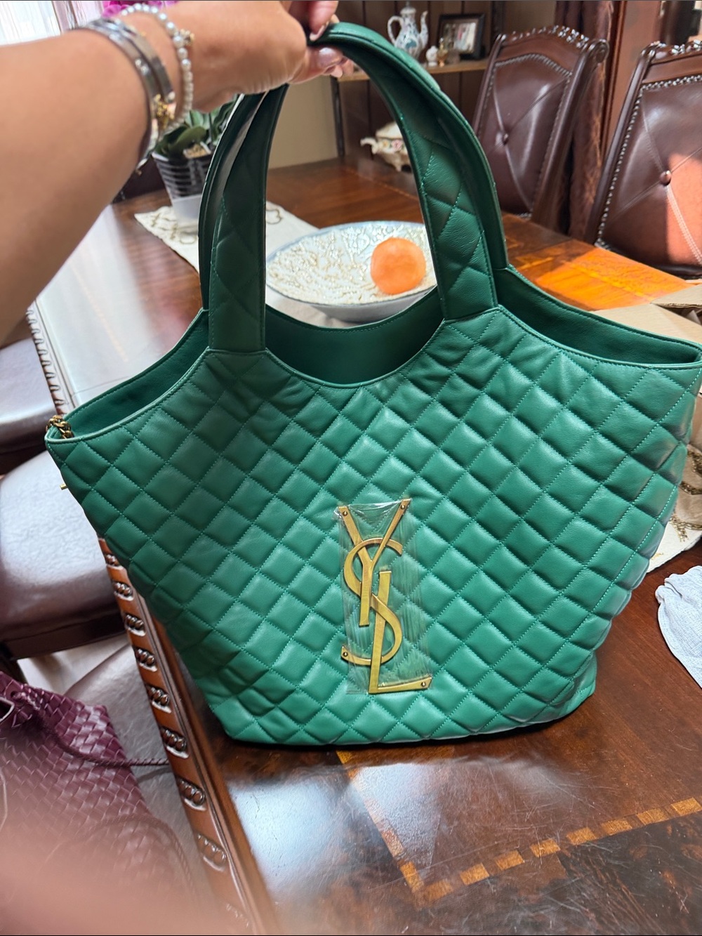 Luxury Fashion Saint Laurent Emerald Quilted Tote with Gold YSL Emblem
